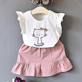 Hot Summer Fashion Korean Version Cute Cat Bow Short Sleeved T-shirt + Solid Color Shorts Kids Clothing Set 2 Colors