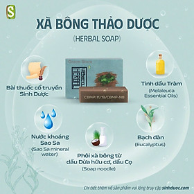 Xà bông Sinh Dược Herbal soap cao tắm thảo dược, xà bông cục handmade 100gr, mẫu bao bì vẽ mộc, mùi tinh dầu đặc trưng của Sinh Dược, làm sạch hiệu quả với da dị ứng và mẫn ngứa.