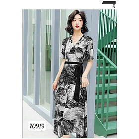Đầm Nữ Dáng Dài Kiểu Shirtwaist Dress Cổ Tim Chất Liệu Hoa Lụa Mềm Mịn