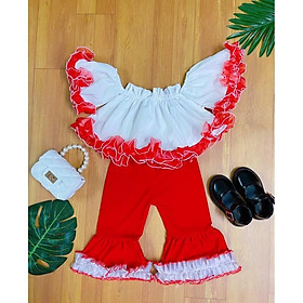 Bộ Thiết Kế Bé Gái Trễ Vay Xoè Phối Ren Kết Hợp Quần Ống Loa Thời Trang