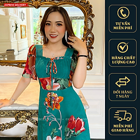 Đầm Xoè Hoa 3D Xanh Cổ Vuông Dập Ly Tay Loe Voan Cao Cấp Sandra Dress