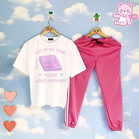 Set áo tay lửng quần thun 2 sọc HỒNG unisex, quần dài 2 sọc, 3 sọc Áo tay lỡ và quần thể thao PINK