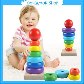 Đồ chơi gỗ tháp cầu vồng mini 7 màu,đồ chơi giáo dục cho bé nhận biết màu sắc,kích thước.
