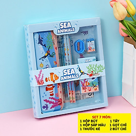 Bộ dụng cụ học tập set 7 món cute cho bé gồm hộp bút, màu, bút chì