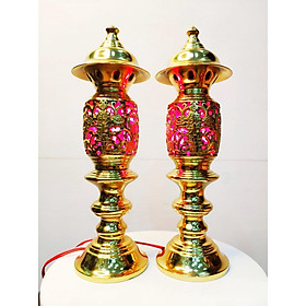 Mua Đôi đèn thờ bằng đồng vằng nguyên chất cao 27cm  đôi đèn điện thờ bằng đồng cao cấp