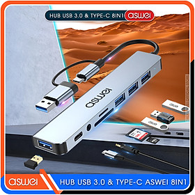 Mua Hub Type C Và Hub USB ASWEI 8 in 1 To USB 3.0  SD  TF  USB C  Audio 3.5 - Hàng Chính Hãng