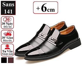 Giày tăng chiều cao nam 6cm Sans141 giầy tây độn đế lười không dây da bóng mũi tròn đen nâu size nhỏ 37 công sở đàn ông