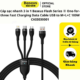 Cáp sạc nhanh 3 in 1 Baseus Flash Series Ⅱ One-for-three Fast Charging Data Cable USB to M+L+C 100W CASS030001- Hàng chính hãng