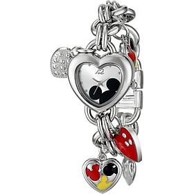 Disney Women's MK2058 Mickey Mouse Silver-Tone Sunray-Dial Charm Bracelet Watch