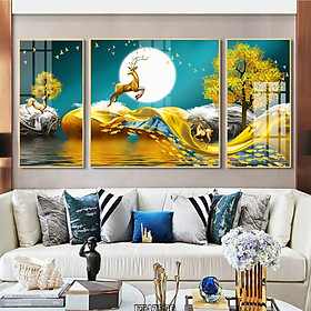 Mua Tranh Trang Trí Phòng Khách  Phòng Ngủ Đẹp - Tranh Canvas Bộ 3 Bức Hươu Nghệ Thuật