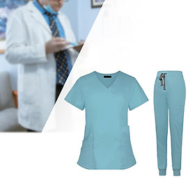 Women Nurse Work Clothing Nursing Uniform Top and Pants Scrub  V - L