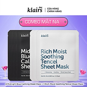 Combo 4 Dear, Klairs Mặt nạ giấy Midnight Blue Calming Sheet Mask 25ml+3 Rich Moist Soothing Tencel Sheet Mask 25ml
