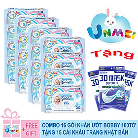 Combo Tiết Kiệm: Thùng 16 Gói Khăn Ướt Bobby Care Không Hương 100 Miếng/Gói tặng 15 khẩu trang Unicharm Nhật Bản