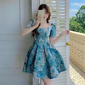 Váy đầm nữ màu xanh họa tiết tay bồng phối nơ vai