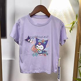 Áo thun bé gái cộc tay 3-8 tuổi hình kuromi lật cườm phát sáng vải cotton co giãn thấm hút mồ hôi kiểu dáng thời trang