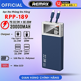 Mua Pin sạc dự phòng kèm cáp 20000mAh Remax RPP-189 sạc nhanh 20w và tích hợp cáp sạc - Remax Bảo Hành 12 Tháng 1 Đổi 1 - Hàng Chính Hãng