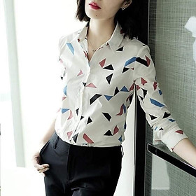 Áo sơ mi nữ kate dài tay phối họa tiết màu