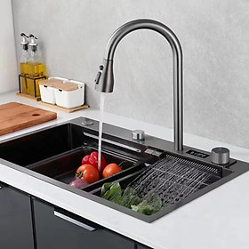 Mua Chậu rửa chén 1 hố màu đen làm bằng thép không gỉ phủ nano chống trầy  có thác nước và bảng hiển thị nhiệt độ