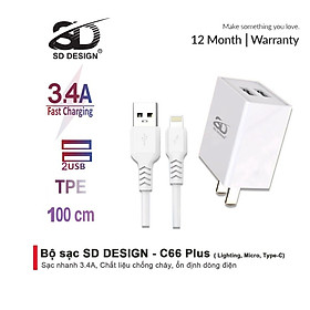 Bộ Củ + Cáp 2 Cổng sạc Usb C66 Plus  SD DESIGN sạc nhanh an toàn cho điện thoại ip, ss, op, mi