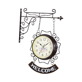 Wrought Iron Antique Look Round Wall Hanging Double Sided Station Clock Round Wall Hanging Clock with Scroll Home Decor