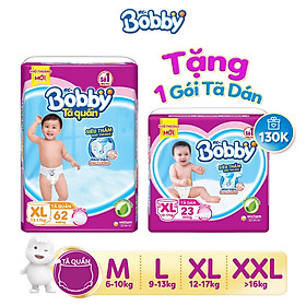 Tã quần Bobby siêu thấm đủ size tặng 1 tã dán Bobby siêu thoáng XL23