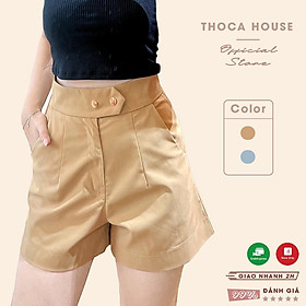 Quần short nữ thiết kế lưng cao 2 nút bấm cao cấp THOCA HOUSE màu xanh, be sang trọng, style Hàn cực xinh
