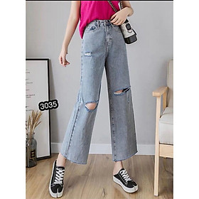 QUẦN JEAN DÀI ỐNG RỘNG LƯNG CAO RÁCH - QUẦN BÒ NỮ CULOTTES SUÔNG N - T 48