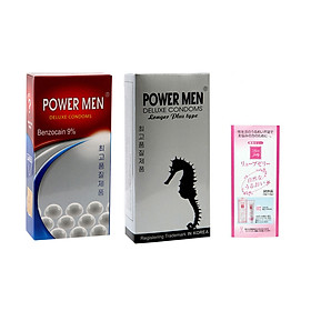 Combo 2 Hộp Bao Cao Su Chống Xuất Tinh Sớm Power Men Cá Ngựa Longer Plus Type Và POWER MEN Ngọc Trai Deluxe Condoms - Tặng Kèm Gel Nhật - Hàng Chuẩn Hãng 100% - Che Tên Sản Phẩm