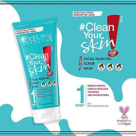 Gel rửa mặt sạch sâu ngừa mụn Eveline 3 trong 1 Clean Your Skin 200ML