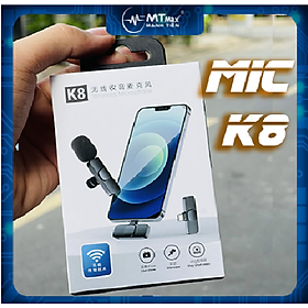 Micro thu âm cài áo, kẹp áo không dây K8 đầu kèm jack chuyển đổi IOS – Chống ồn, chống nhiễu, độ nhạy cao – Quay video, livestream, ghi âm, vlog, học online, chơi game, Zoom cho điện thoại, tablet, laptop, PC – Mic thu âm khoảng cách 20m