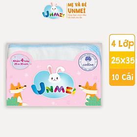Bịch 10 Cái Khăn Sữa Unmei Xuất Nhật 100% Cotton, Dày 4 Lớp Dành Cho Bé Từ Sơ Sinh (Kích Thước 25x35cm)