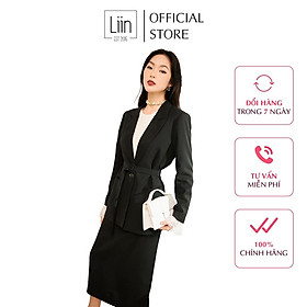 Set áo blazer phối chân váy dáng dài màu đen trang trọng