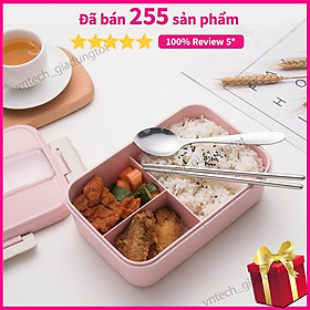 Hộp Đựng Cơm Văn Phòng, Hộp Đựng Cơm 3 ngăn lúa mạch kèm đũa thìa inox - Dùng được trong lò vi sóng -GD268