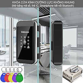 Khóa cửa kính cường lực không khung thông minh kỹ thuật số, mở cửa bằng mã số, thẻ IC, App smartphone kết nối Bluetooth