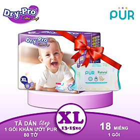 Combo Tã/bỉm dán Dry-Pro XL18 (13kg-15kg) + tặng 1 gói khăn ướt Pur 80 tờ cho bé