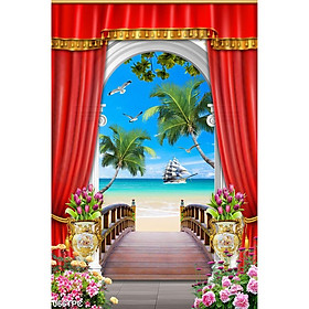 TRANH DÁN TƯỜNG 3D RÈM CỬA PHONG CẢNH - TRANH CỬA SỔ PHONG CẢNH ĐẸP THƠ MỘNG - TRANH MÃ ĐÁO PHỐI RÈM