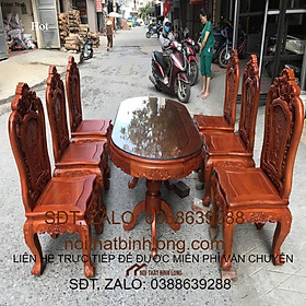Bàn Ăn OVAL Chạm Hoa Hồng Gỗ Gõ Đỏ
