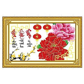 Tranh thêu chữ thập Phúc lộc thọ - Cành mai mẫu đơn  chưa thêu