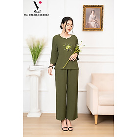 [BST Mới] Bộ mặc nhà trung niên cho mẹ, cho bà Vicci DTL01 thiết kế tay lỡ quần dài, chất liệu vải đũi chun mềm mịn phối họa tiết thêu hoa