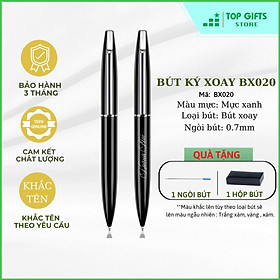 Bút ký khắc tên BX020 - ngòi 0.7mm dạng xoay màu đen 1 viền bạc + Hộp bút và ruột bút