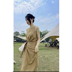 Đầm tà đắp buộc nơ eo sát nách dáng dài