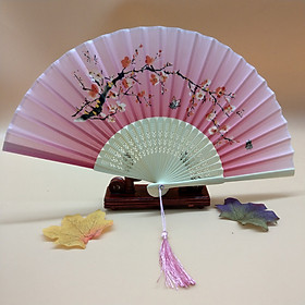 Combo Quạt giấy và đế gỗ phong cách cổ trang Trung Quốc - T024