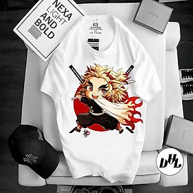Áo thun trắng Anime, Manga Thanh g diệt quỷ Viêm trụ song kiếm chibi, Unisex Nam Nữ có Size áo từ 25-95kg