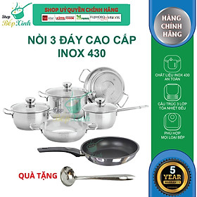 Bộ nồi inox FIVESTAR 6 chiếc nắp kính 3 đáy dùng được bếp từ ,hồng ngoại , gas , tặng 1 vá canh