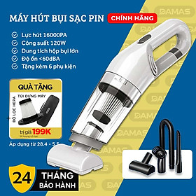 Máy Hút Bụi Cầm Tay Không Dây Sử Dụng Pin Sạc DAMAS DA113C - Hút bụi khô và nước tiện dụng - Sử dụng cho gia đình và xe hơi - Công suất mạnh mẽ lên tới 120W - Hàng Chính Hãng - Màu trắng