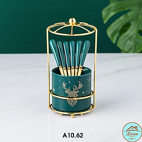 Lọ sứ đựng thìa dĩa, lọ đựng dĩa sứ xanh cổ vịt kèm 6 dĩa - giá mạ vàng sang trọng