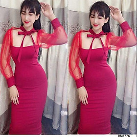Đầm body tay dài phối voan thắt nơ cổ kute
