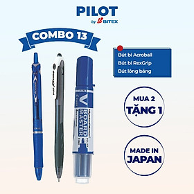 Combo Pilot 13 : Bút bi Acroball mực xanh, Bút bi Rexgrip mực đen,Bút lông bảng V Board Master mực xanh (Tip nhỏ)