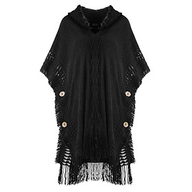 Crochet hooded poncho với kết thúc với các nút và rìa cho phụ nữ