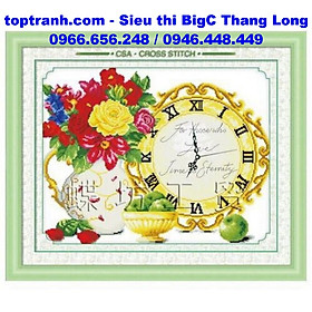 Tranh thêu chữ thập bình hoa hồng bên đồng hồ cổ A816 chưa thêu